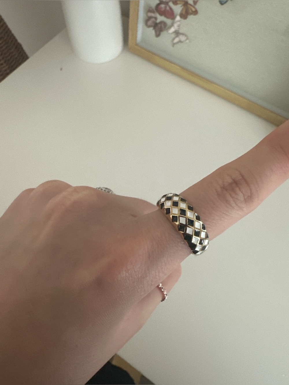 Two-Tone ENAMEL Checker Dome Ring - Silver & Black
